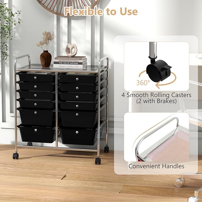HAPPYGRILL Happygrill 12-Drawer Rolling Storage Cart, Multipurpose Organizer Cart for Home Office School, Utility Cart with Wheels, (Black)