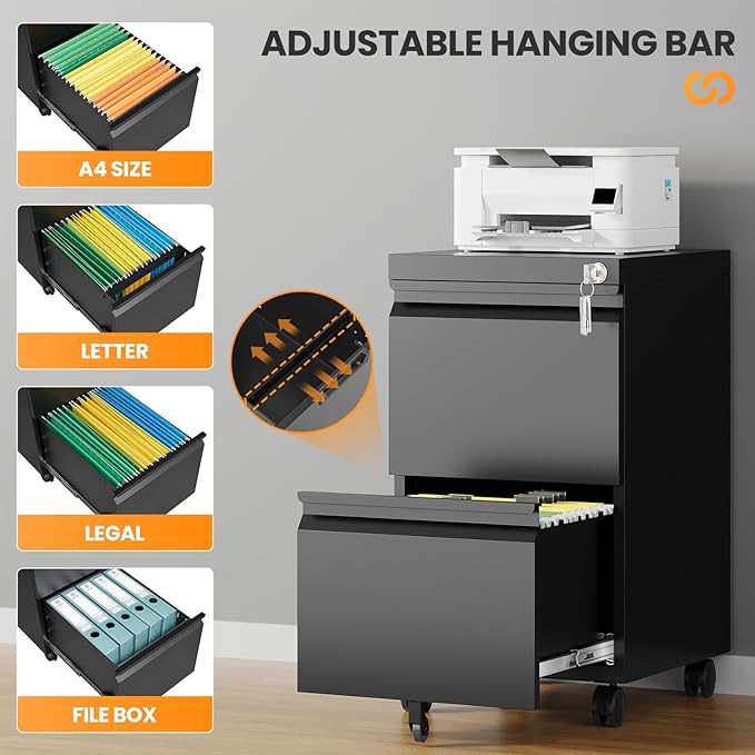 AFAIF 2 Drawer File Cabinet with Lock, Rolling File Cabinets for Home Office, Small Metal Filing Cabinet Office Drawers Under Desk for Letters/Legal/A4 Size, Assembly Required
