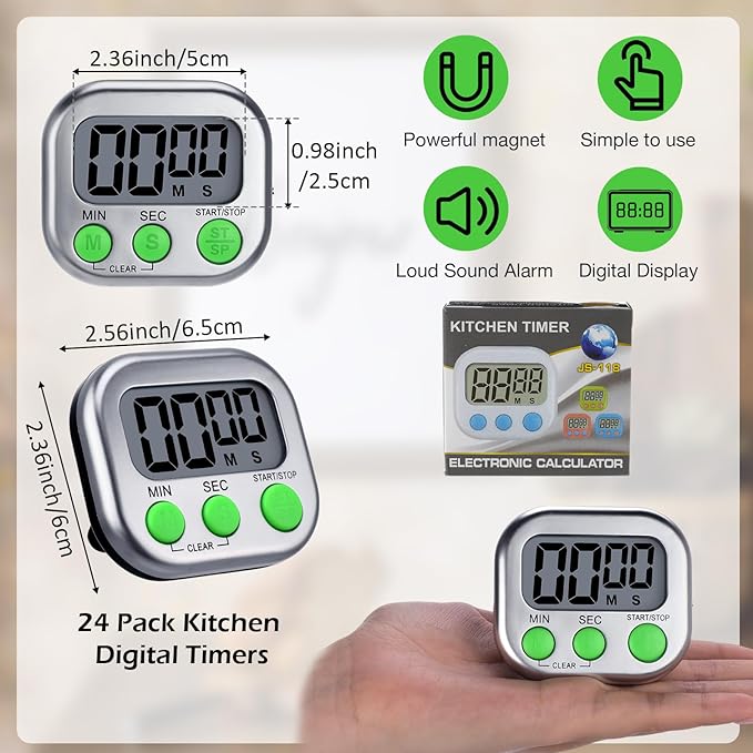 Leumoi 24 Pcs Digital Kitchen Timers Magnetic Back Timers Bulk Large Screen Loud Alarm On/Off Switch Minute Second Count up Countdown Memory Setting for Cooking Classroom Exercise (Sliver and Green)