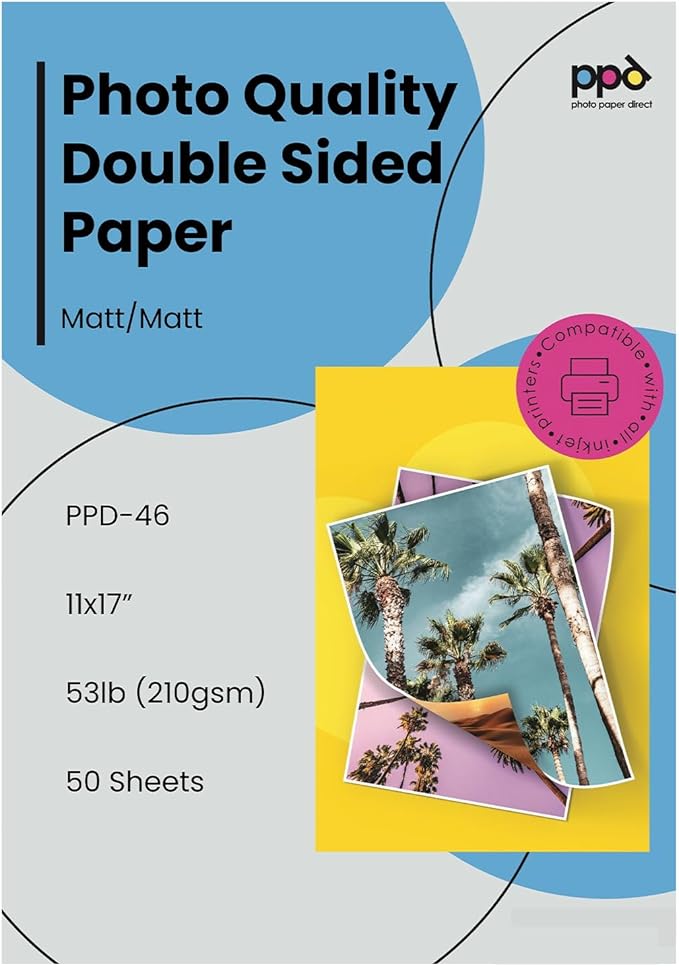 PPD Double Sided Photo Paper, Matte Brochure Paper 11 x 17 for Inkjet Printer, 210 gsm, 9 mil Tabloid Size for Magazine, Flyer, Presentation, Program, Instant Dry & Water Resistant (50 Sheets)