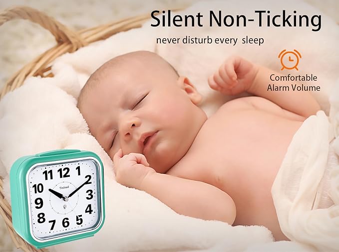Tinload 5.5" Large No Ticking Analog Alarm Clock,Silent Readable for Seniors,Easy to Set,Gradual Rise Alarm,Big Numbers,Gentle Wake,Snooze, Lighted on Demand,Battery Operated,Green