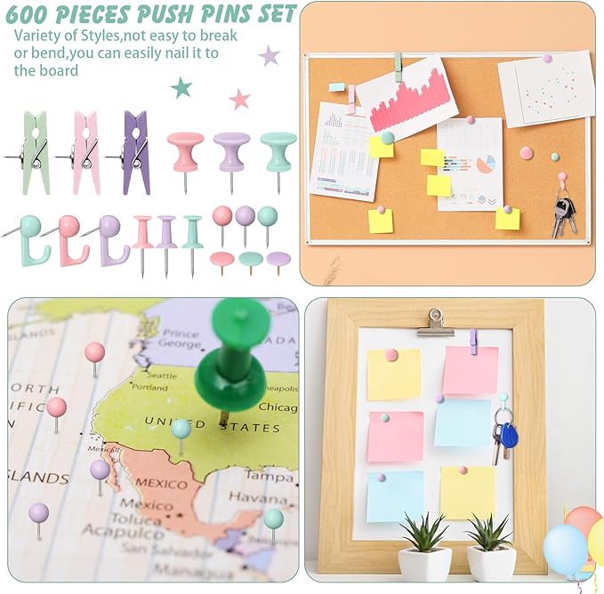 600 Pcs Decorative Push Pins, Pastel Color Thumb Tacks 6 Types Cute Push Pin Clips for Bulletin Board Wall Cork Board Colorful Classroom Decor Teacher Must Haves Supplies School Crafts Project