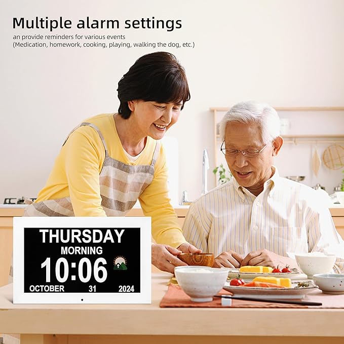 Memwake Digital Alarm Clock, Multiple Alarm Functions, Clock with Date and Day, Digital Alarm and Electronic Calendar for Seniors (White, 7 inch) (10-inch White)