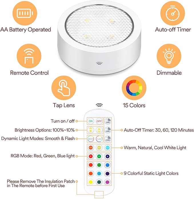 TECOMLIGHT Puck Lights with Remote Control, Battery Operated Wireless Under Cabinet Lighting, RGBCW Stick On Tap Lights for Kitchen, Shelf, 4 Pack - White
