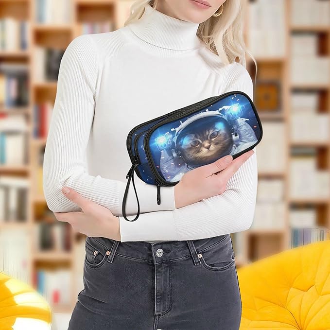Cat Astronaut Pencil Case Box Boys Girls Large Pencil Pouch with Zipper Compartments Big Capacity Stationery Pen Bag Organizer for Kids Teens Adults School Office