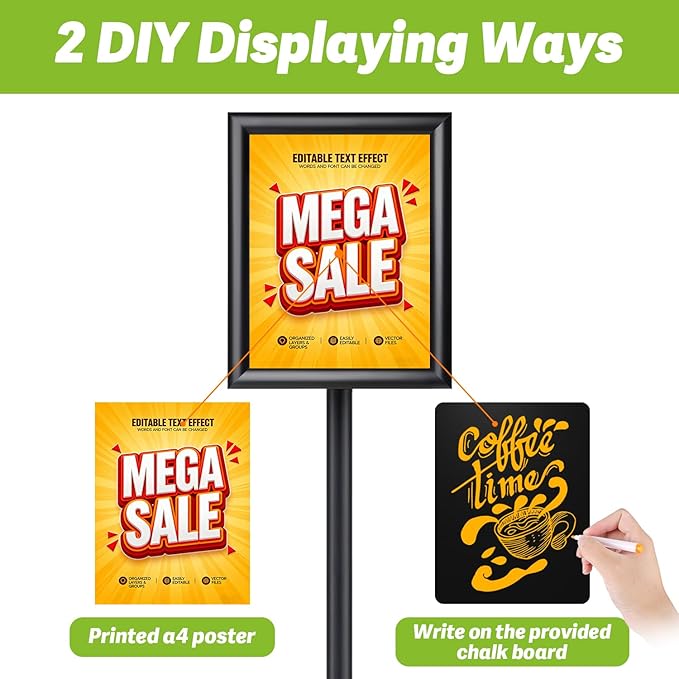 RedChili Floor Standing Sign Holder Stand for 8.5x11 Inches Poster or Chalk Board, Pedestal Sign Holder with Snap Open Frame,360° Rotation,Adjustable Post Height Outdoor Indoor Standing Display Sign Holders for Advertising (Black, Sharp Corner)
