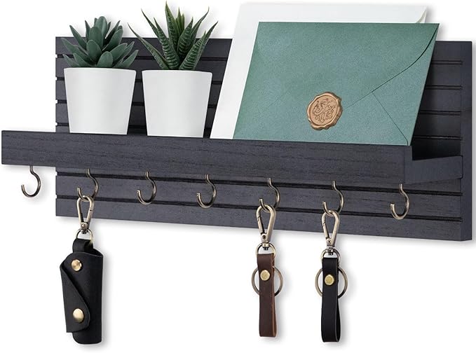 Lwenki Decorative Key Holder for Wall with Shelf, Entryway Shelf with Hooks Holds Leashes, Jackets and Glasses – Sturdy Wood Keyholder Entrance Hanger with Mounting Hardware (Black, Large)
