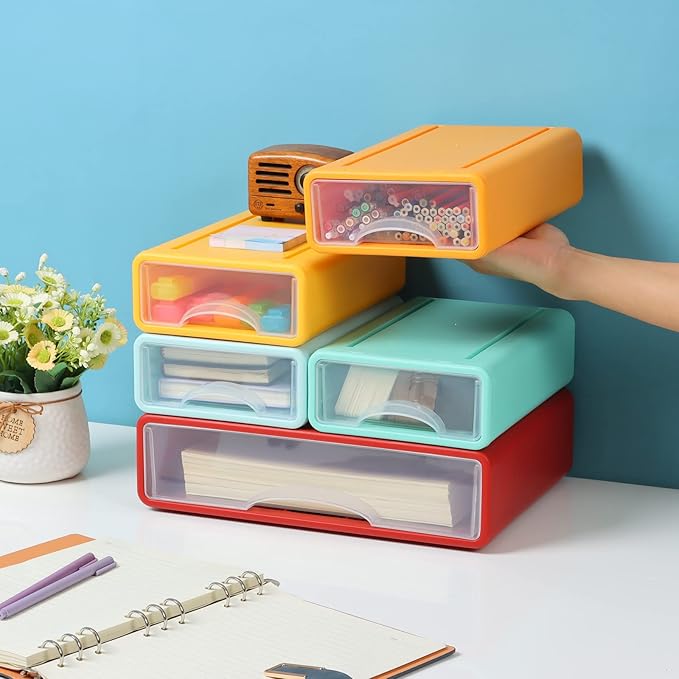 OSteed Desktop Drawers for Paper, Stackable Office Storage Drawers for Desk, Craft Organizer and Storage Bins, 4 Mixed Storage Container with Plastic Drawers for Office Supplies Desk accessories