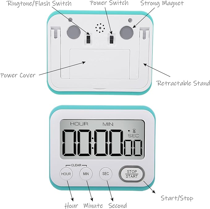 Digital Kitchen Timer Magnetic Loud Alarm, Large LCD Screen Silent/Beeping Multi-Function for Teachers Classroom Kids, Sky Blue