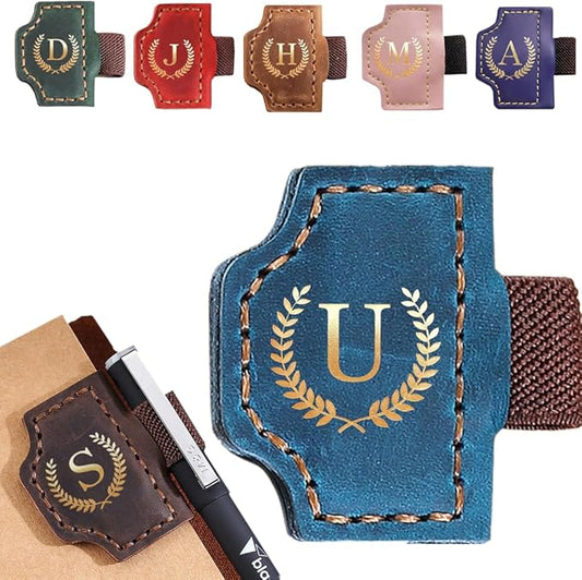 Personalized Mark Bookmark with Pen Holder, Leather Magnetic Book Marker 26 Letters,Custom Initials Page Marks, Gifts for Book Lovers Readers Men Women (Blue, U)
