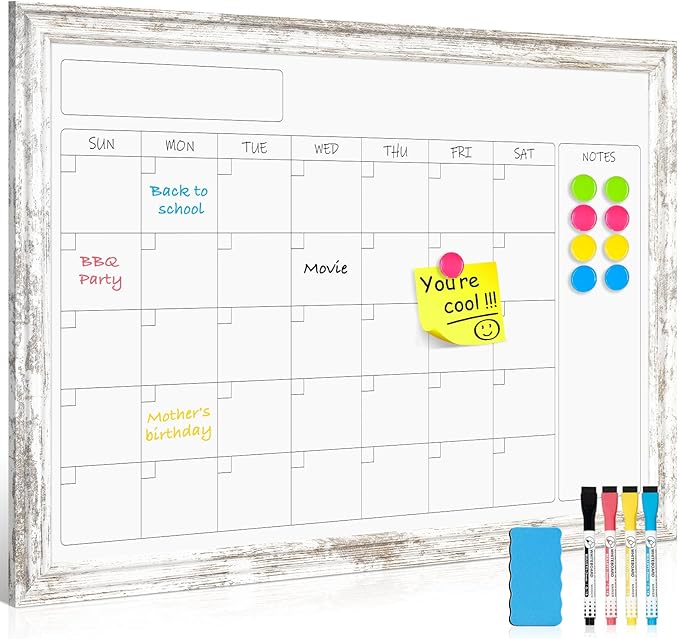 Monthly Dry Erase Calendar Whiteboard for Wall, 36" x 24" Magnetic White Board Calendar Board - Rustic Vintage Wooden Frame