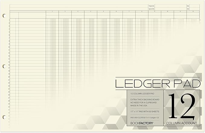 BookFactory Ledger Pad/Large 12 Column Accounting Ledger Columnar (Twelve Columns) Pads - 17'' x 11'', 50 Pages, Notepad Landscape Format (Made in USA)