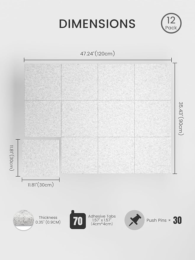 Bumusty Large Cork Board 47"x35" Alternative - 12 Pack Felt Wall Tiles with 70 Safe Removable Adhesive Tabs, 30 Pushpins, Cork Boards for Walls Pin Board Bulletin Board Office Decor (Marble Gray)