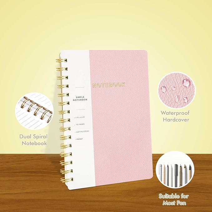 Spiral Notebook-5.75" x 8.125" College Ruled Journal with Inner Pockets and 160 Pages,PU Leather Cover Business Journal, Twin-Wire Binding Notebook Perfect for Office & Home School Supplies Light Pink