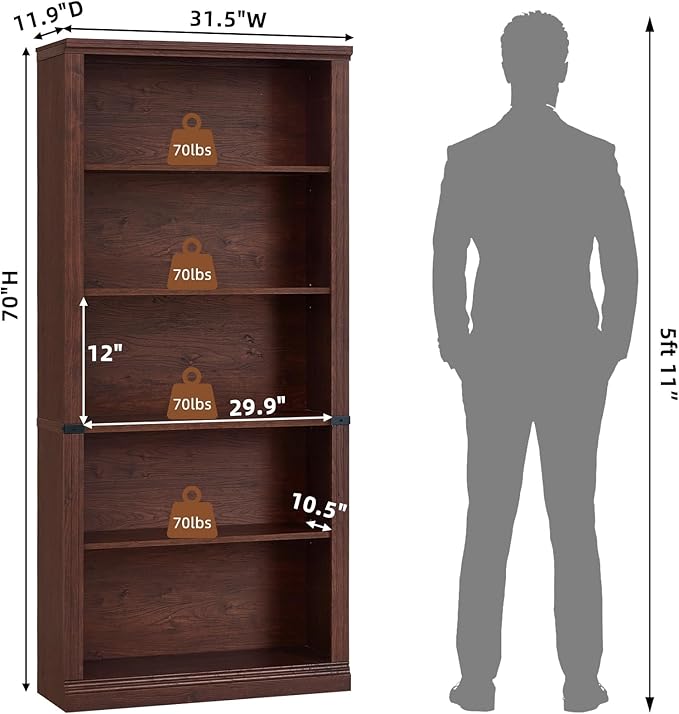 RWYHG 70" Walnut Tall Bookshelf Set of 3,5-Tier Thick Wooden Book Shelf with Adjustable Shelves,Free Standing Farmhouse Bookcase with Open Display Storage,Floor Vintage Bookshelves for Living Room