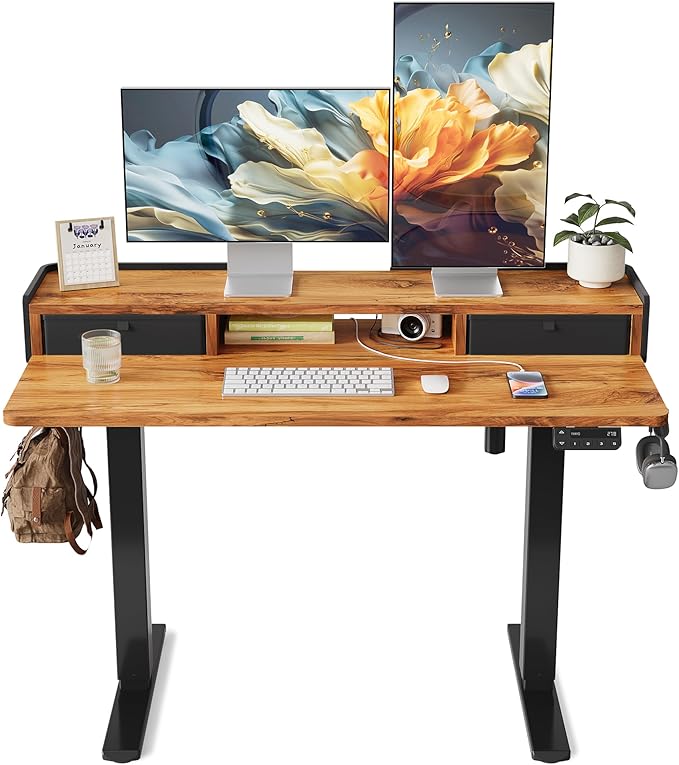YIHAYO Electric Standing Desk with Drawers, 48 x 24 Inches Adjustable Desk with Storage Shelf, Stand Up Desk with Splice Board, Computer Table for Home Office, Black Frame/Rustic Brown Top