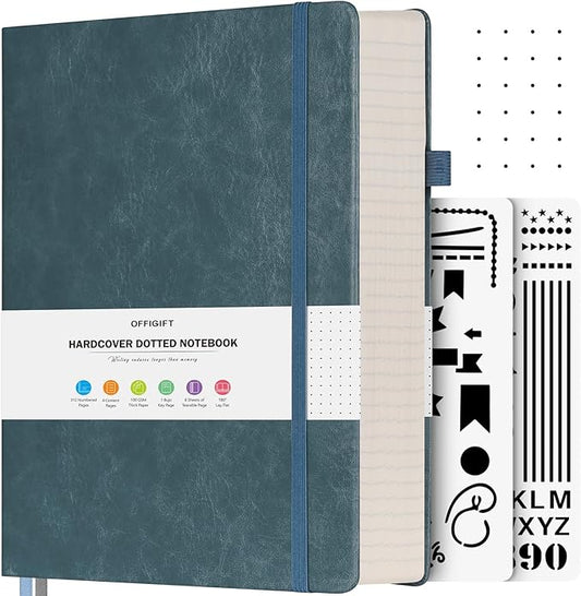 OFFIGIFT Dotted Journal Notebook, 312 Numbered Pages Large B5 Hardcover Leather Notebook, 100gsm No Bleed Paper Dot Grid Notebook with Index Pages, Dot Journal for Women Men, 7.6'' X 10'', Grey Blue