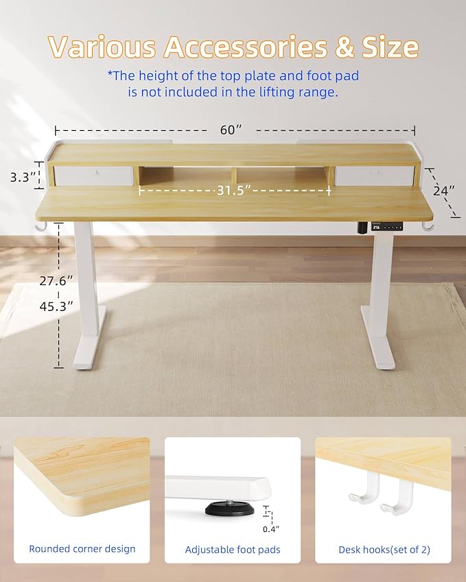 YIHAYO Electric Standing Desk with Drawers, 60 x 24 Inches Adjustable Desk with Storage Shelf, Computer Table with Splice Board for Home Office, White Frame/Natural Top
