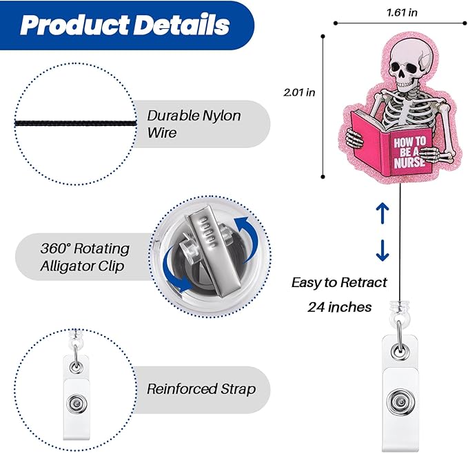 How to Be A Nurse Funny Skeleton Book Nurse Badge Reel, Cute Pink Radiology X-ray Retractable ID Card Medical Badge Holder, Name Tag Badge Buddy for RN LPN CNA MA Nursing Student Medical Workers