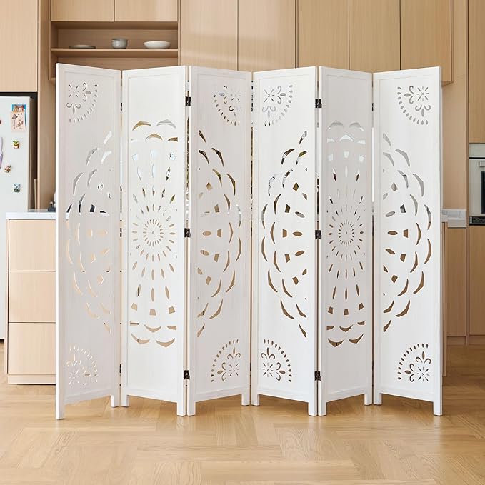 66.9Inch Wooden Room Partition - 6 Panels Boho-Styled Space Room Divider for Home/Office, Headboard & Yoga/Photo/Video Call Backdrop (White)