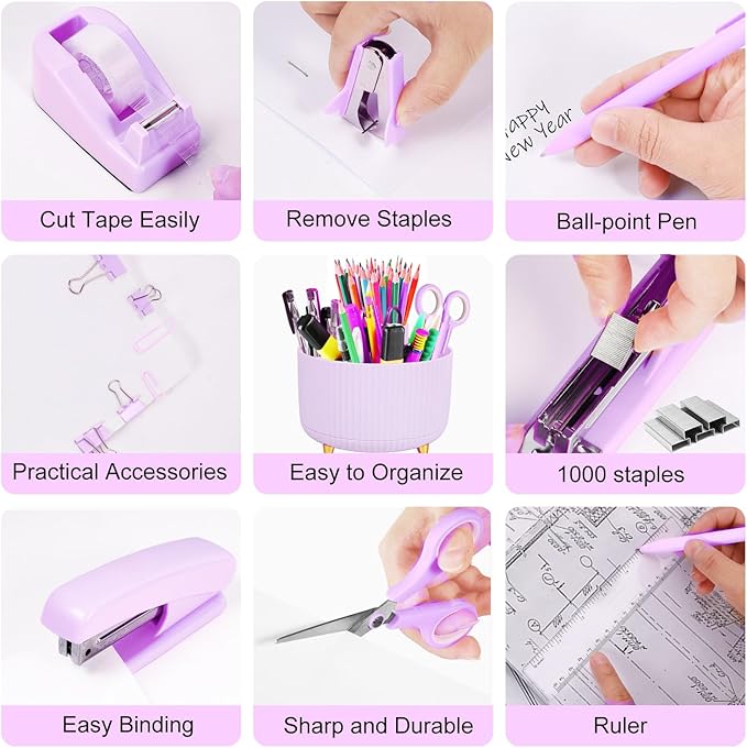 Gawsey Desk Organizers and Accessories Set with 360-Degree Rotating Pen Holder, Tape Dispenser, Stapler, Staple Remover, 1000 Staples, Tape, Clips Set, Ruler, Scissor, Pen
