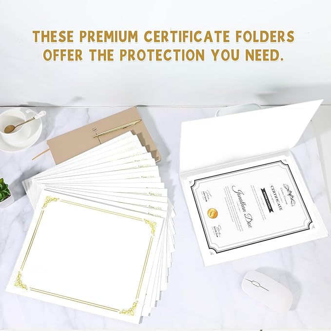 gisgfim 15Pcs Certificate Holders Diploma Covers Single Sided Gold Foil Border Award Certificate Covers for Letter Size 8.5x11 Certificates Cardstock Document Papers Storage Organizer (White)