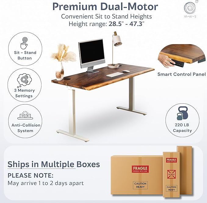 Standing Desk with Keyboard Tray – Walnut Solid Wood Desk, Natural Live Edge, Adjustable Height Dual Motor, Sit Stand for Home Office (White, W60 x D27)