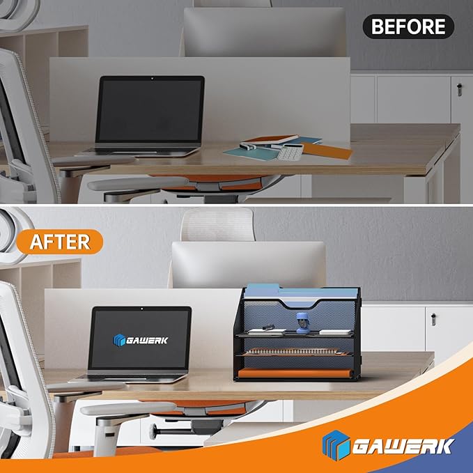 GAWERK Letter Tray Organizer, Mesh Desk File Organizer with 3 Paper Trays and 2 Vertical Upright Section (White)