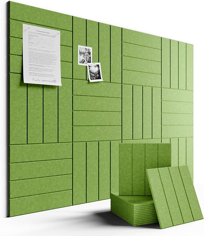 Fluxynara Felt Bulletin Board Tiles Large 48" x 36" Cork Board Alternative-12 Pack with 70 Adhesive Tabs, Thick Slat Wall Panels for Office Decor, Push Pin Board Wall Organizer Alternative-Kelly Green