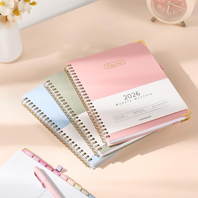 Forvencer 2026 Planner, Hardcover Calendar Planner Weekly and Monthly, Jan 2026 - Dec 2026, 6" x 8", Spiral Agenda Book with Tabs, Exquisite Daily Journal Organizer for Home School, Beige