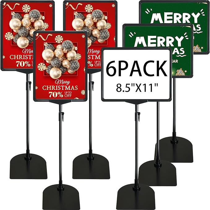 ONCEMORE Sign Holder, 8.5 x 11 Inch Sign Stand with Adjustable Height Snap Open, Reusable Sign Stands for Display Advertising Business Signage, Vertical and Horizontal Two View Modes (Black, 6 Pack)