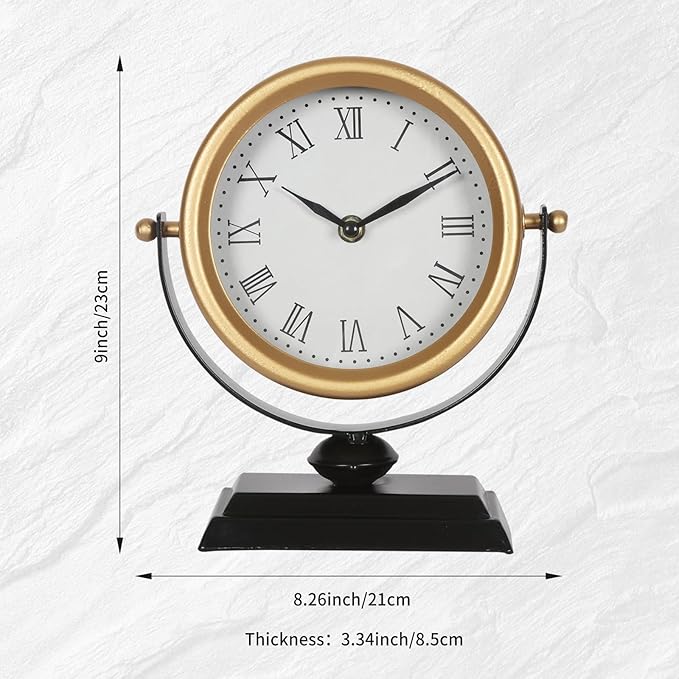 QIYAODECO Desk Clock - Classic Vintage Clock and Decorative Shelf Decor,Silent Non-Ticking Clock with Distressed Metal Frame for Office, Living Room or Bedroom