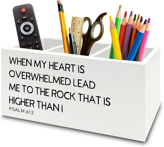 XPH Christian Pen Pencil Holder Organizer for Desk, Christian Gifts for Women Men, Religious Psalm 61:2 Bible Verse Scripture Wooden Box Sign for Home Office Desk Tabletop Decorations