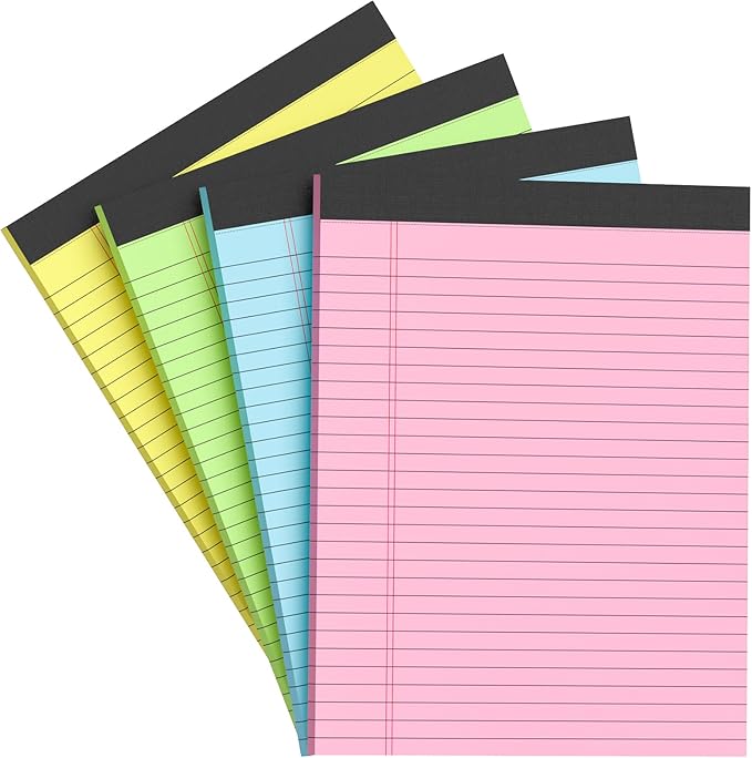 AILZFEI Colored Legal Pads 8.5 x 11 Note Pads 8.5x11 inch, Wide Ruled Clear Print Writing Pads 30 Sheets/Pad, 20lb Colored Paper, Perforated Notepad with Sturdy Back (4 Pads)