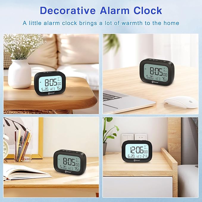 Geevon Small Travel Alarm Clock, Digital Alarm Clocks for Bedrooms Home Office, Battery Operated Desk Clock with 3 Inch Large Display, 2 Alarms, 5s Backlight, Snooze, Indoor Temperature, Black
