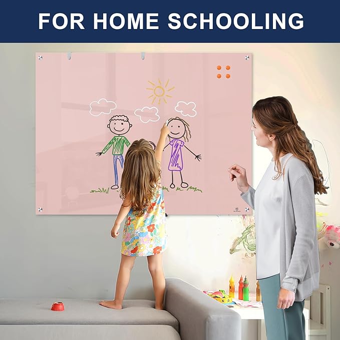 TSJ OFFICE Glass Dry-Erase Board - 48 x 32 Inches Wall Mounted Glass Whiteboard, Large Frameless Magnetic White Board for Office, Home & School, Pink