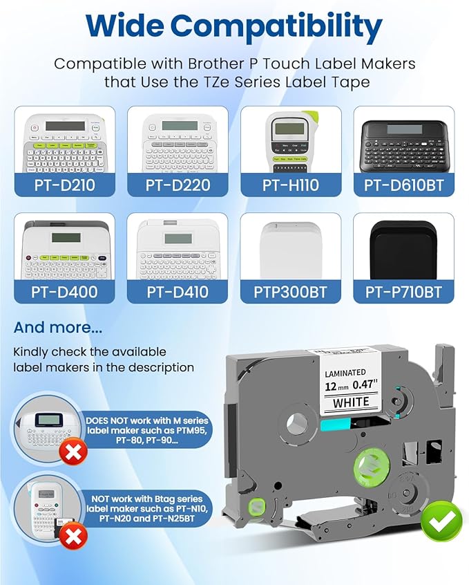 Pillex TZe-231 TZe TZ Tape 12mm 0.47 Laminated White AZe Label Tape Replace for Brother Label Maker Tape TZe231 Work with Brother P Touch Label Maker PT-D210 PT-H110 PT-D220 PT-D400 D600 D610BT 6-Pack