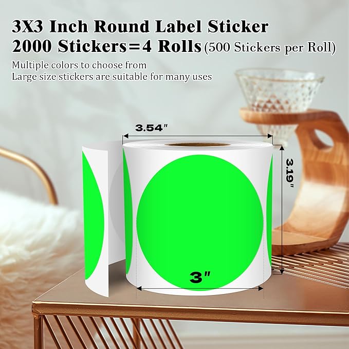 3 Inch Round Colored Dot Stickers, 2000 PCS, 4 Rolls in Dispenser Box - Fluorescent Green Circle Color Coding Labels Dot Labels for Office, Home, Inventory Organizing