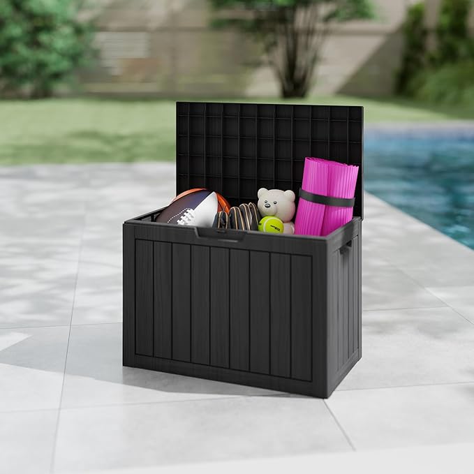 Yardgrace 45 Gallon Deck Box Plus,Outdoor Storage Box Lockable,Waterproof for Patio Furniture, Garden Tools, Pool Accessories, Package Delivery Boxes For Outside, Black