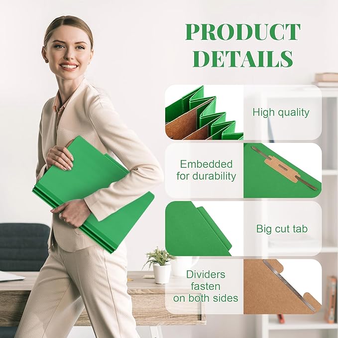 Skyygemm 48 Pcs Classification Folders Letter Size, 3 Divider Pressboard File Folder with Fasteners, Expanding File Organizer Bulk for School Teachers, Office Employee, Coworker, Staff (Green)