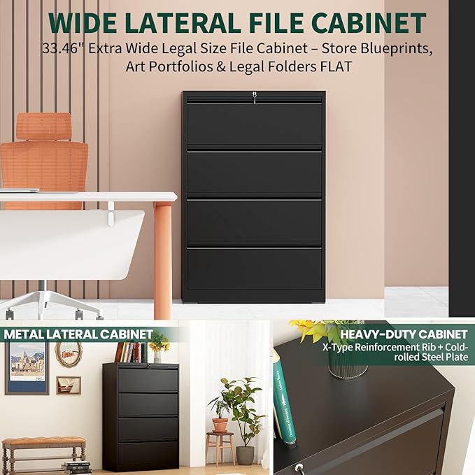 4 Drawer Lateral File Cabinet with Lock, Metal File Cabinets for Home Office, Office Furniture for Organization Hanging Legal/Letter/A4, Metal Filing Cabinet Storage Cabinet, Require Assembly, Black