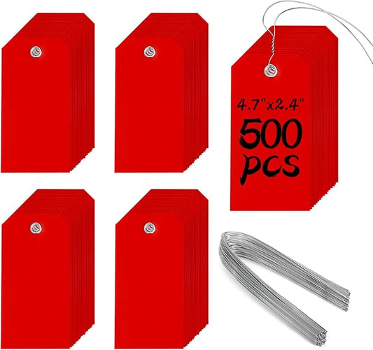 Heavy Duty Plastic Shipping Tags - Waterproof Hang Tags with String Wires, Ideal for Car Parts & Equipment (Red, 4 3/4 x 2 3/8)