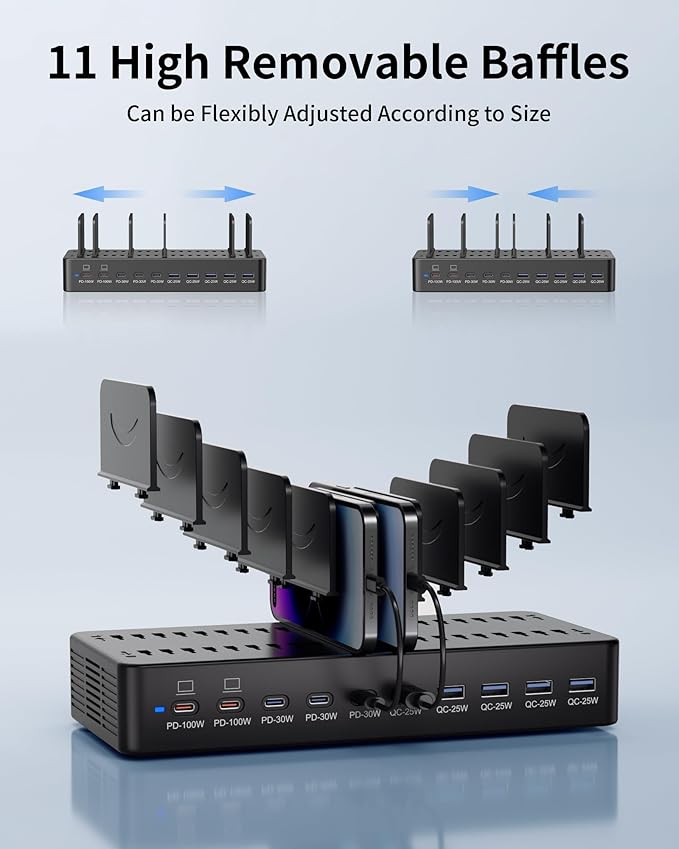 415W Charging Station for Multiple Devices, 10-Port USB C Fast Charger Station, Dual PD 100W Charging Dock with Adjustable Dividers & 6 Cables-Device Organizer for Laptop MacBook, iPhone, iPad