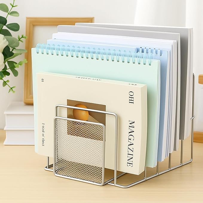 2 Pcs 7 Section Incline File Sorter Metal Wire Mesh File Rack for Desktop Letter Sorter for Magazine Folder Book Organizer Home Office School Paper Mail Desk Storage Holder (Silver)