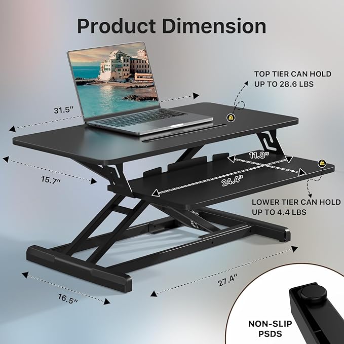 JOY worker Standing Desk Converter, 32" Wide Height Adjustable Sit Stand Up Desk Riser with Keyboard Tray, Desktop Workstation Riser for Home Office Computer Laptop, Particle Board, Black