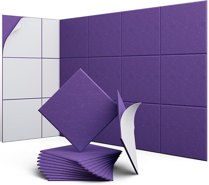 UNECHO 12 Pack 12" X 12" X 0.4" Acoustic Panels for Wall Sound Absorbing, Square Self-Adhesive Sound Panel, High Density Suitable for Multiple Scenarios(Violet)