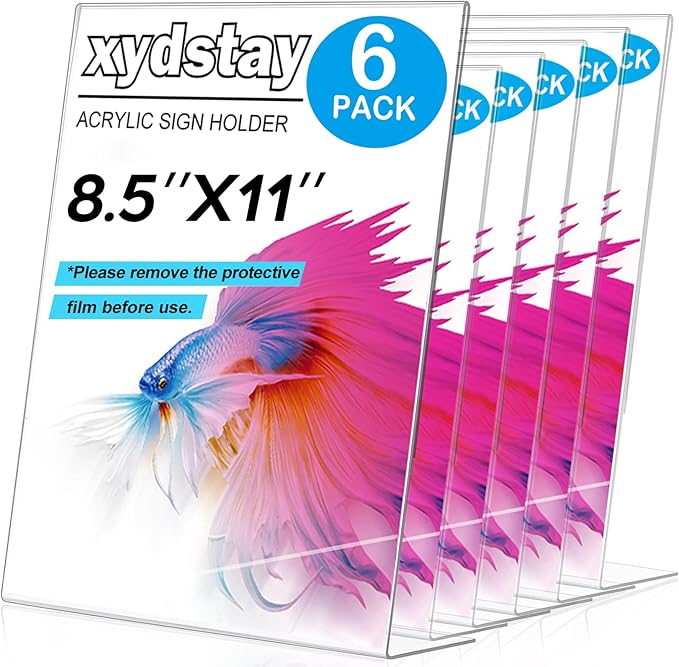 xydstay 6pack 8.5x11 Acrylic, L Shape Clear Plastic, Menu Holder, Unbreakable Table sign holder for Restaurant, Office, School, Store and Home Use