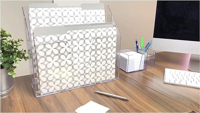 Acrimet Horizontal Triple File Folder Holder, Open Top Desktop Document Sorter for Letter Size Papers & Folders, Plastic (Clear Crystal)