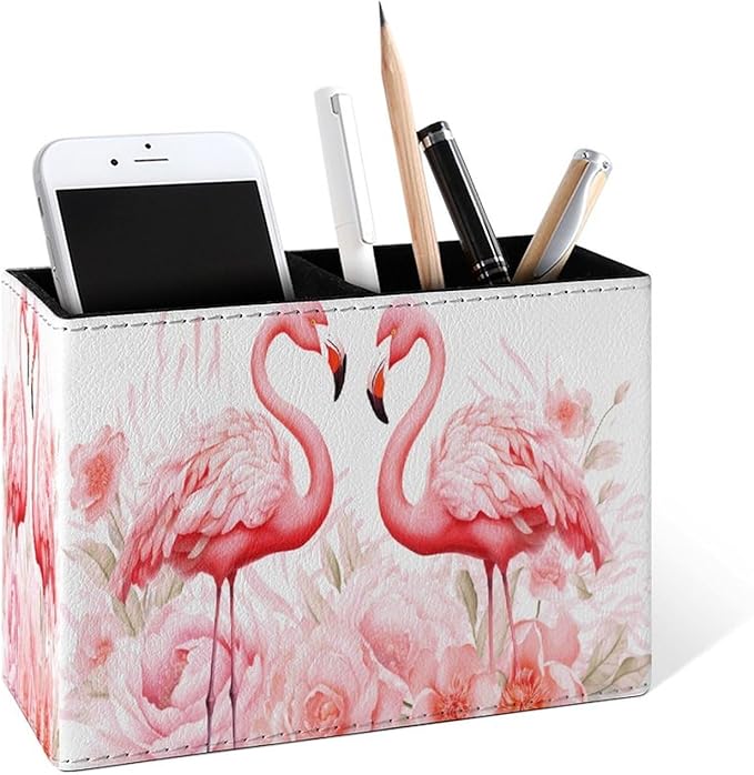 Famame Pink Flamingos Flowers Pencil Holder for Desk, Leather Desktop Container Pen Cup Storage Study Table Pen Organizer Makeup Brush Holder for Classroom Office Home