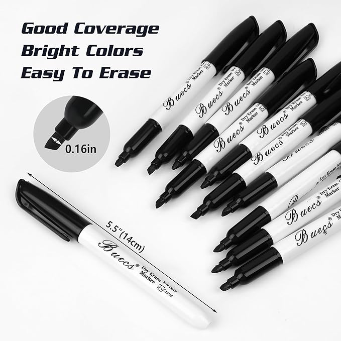 Buecs Black Dry Erase Markers, Low-Odor, 150 Count, Chisel tip, Perfect for Writing on Whiteboards, Dry-Erase Boards, Glass, School Office Supplies